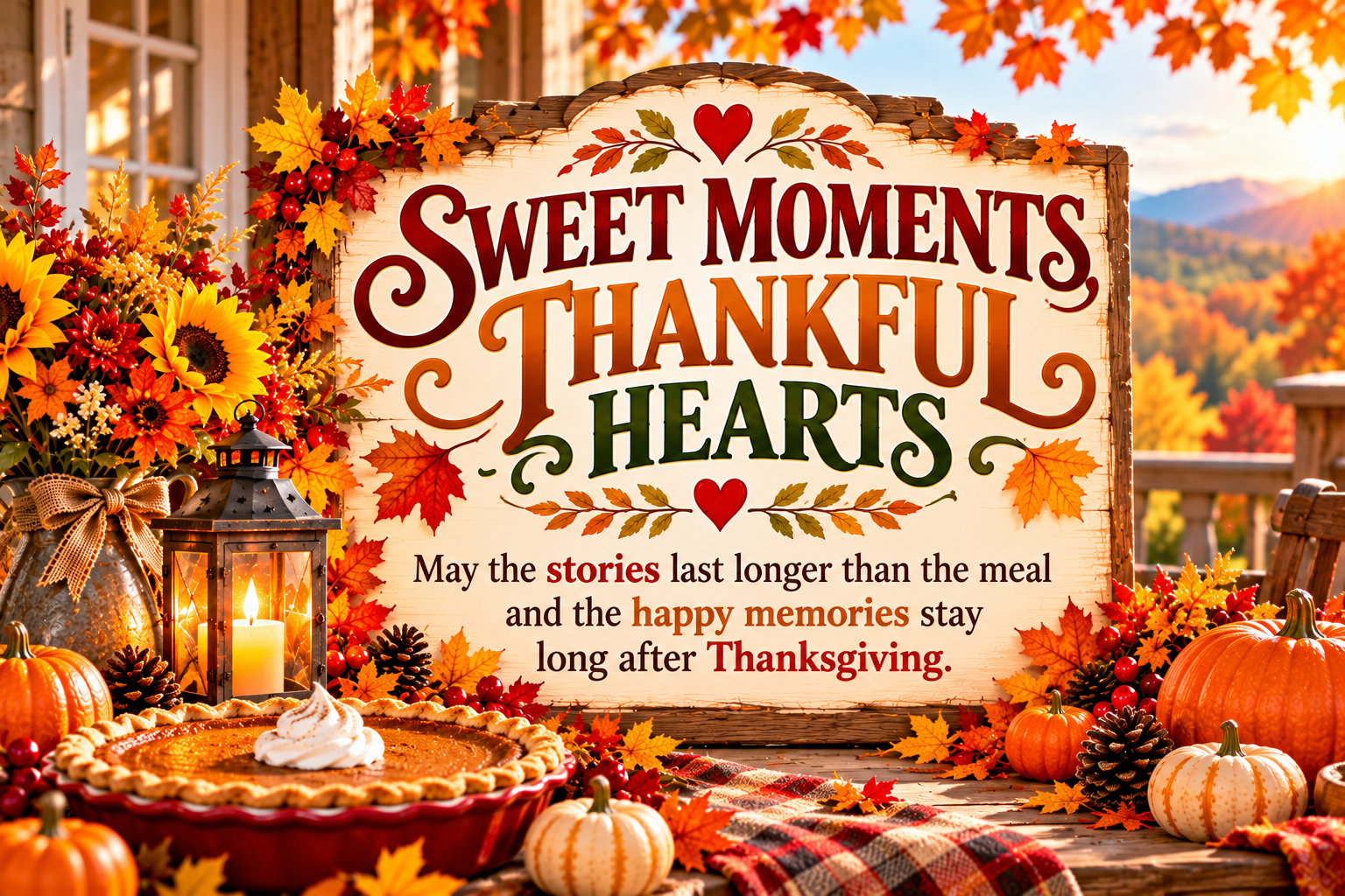 Sweet moments, thankful hearts: Thanksgiving pie, sunflowers, and pumpkins