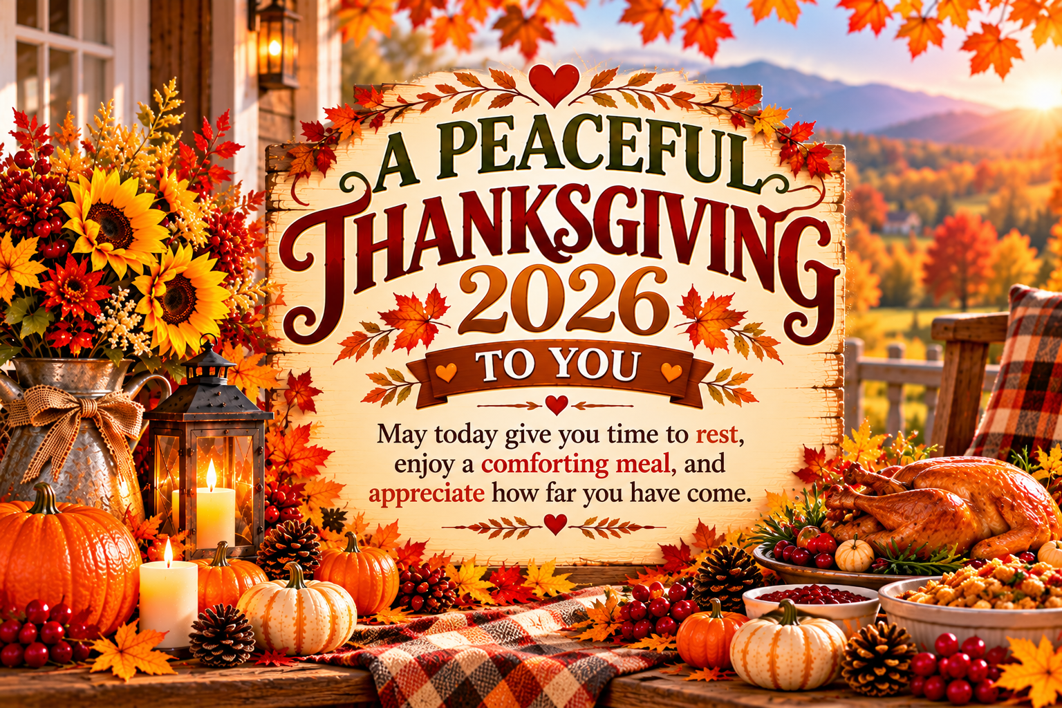 A peaceful Thanksgiving 2026 to you: pumpkins, flowers, and a warm harvest setting